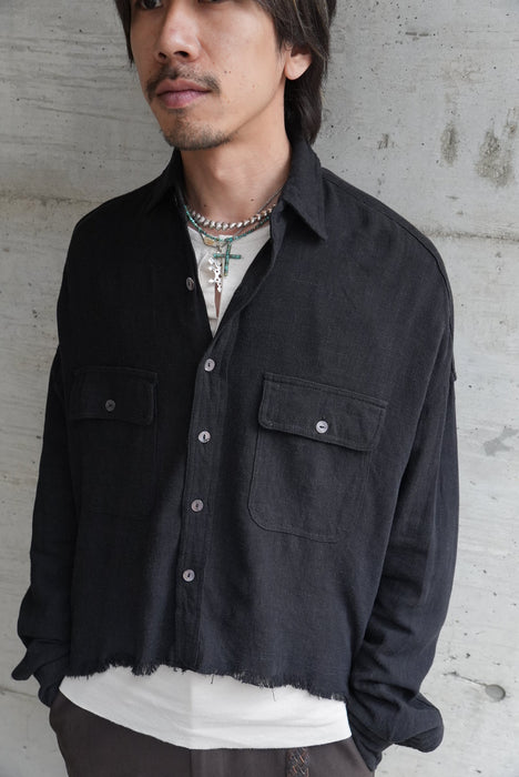 OLIVACEOUS deformation rayon×linen shirt