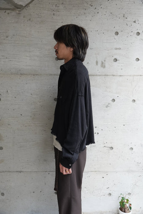 OLIVACEOUS deformation rayon×linen shirt