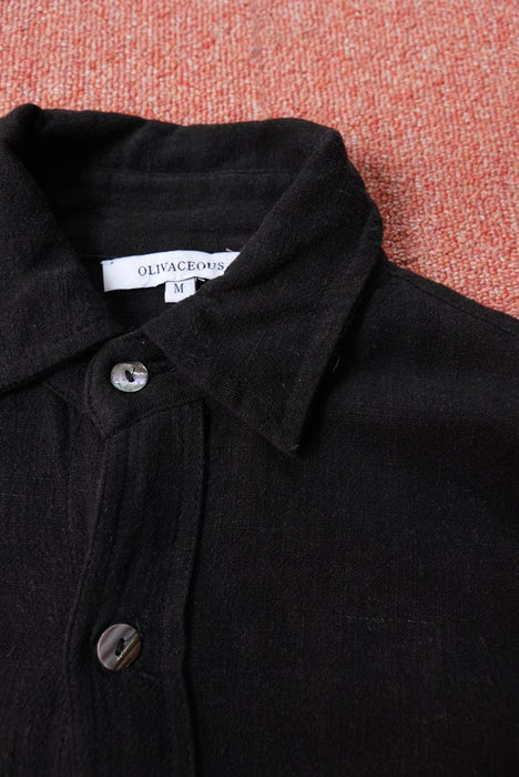 OLIVACEOUS deformation rayon×linen shirt